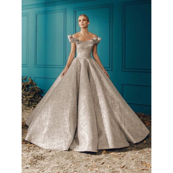 [NEW ARRIVAL] VENEZUELA JACQUARS EXCLUSIVE SHINING WEDDING DRESS BALL GOWN PER 0.5m HIGH QUALITY BAJU PESTA TERBAIK