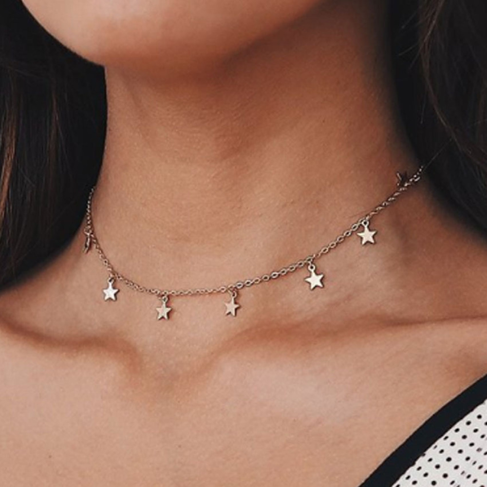 Kalung Choker Liontin Bintang Pentagon Warna Emas Untuk Wanita