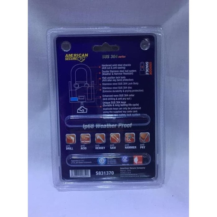 Gembok American Secure 70mm Panjang -Gembok Anti Cairan Setan anti Cut