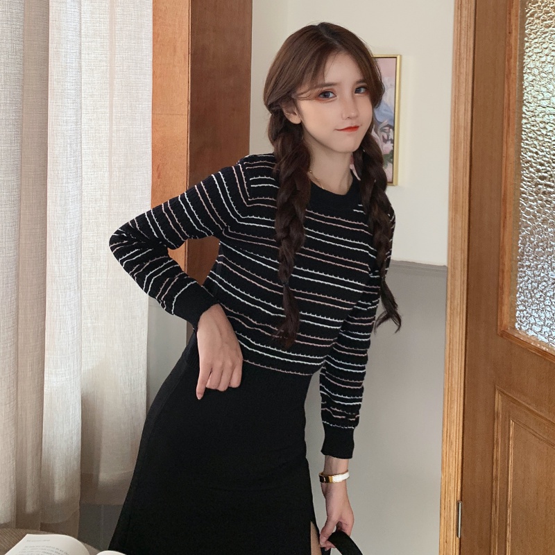 Atasan Rajut Wanita  Lengan Panjang Korean Round Neck Casual Sweater Knit