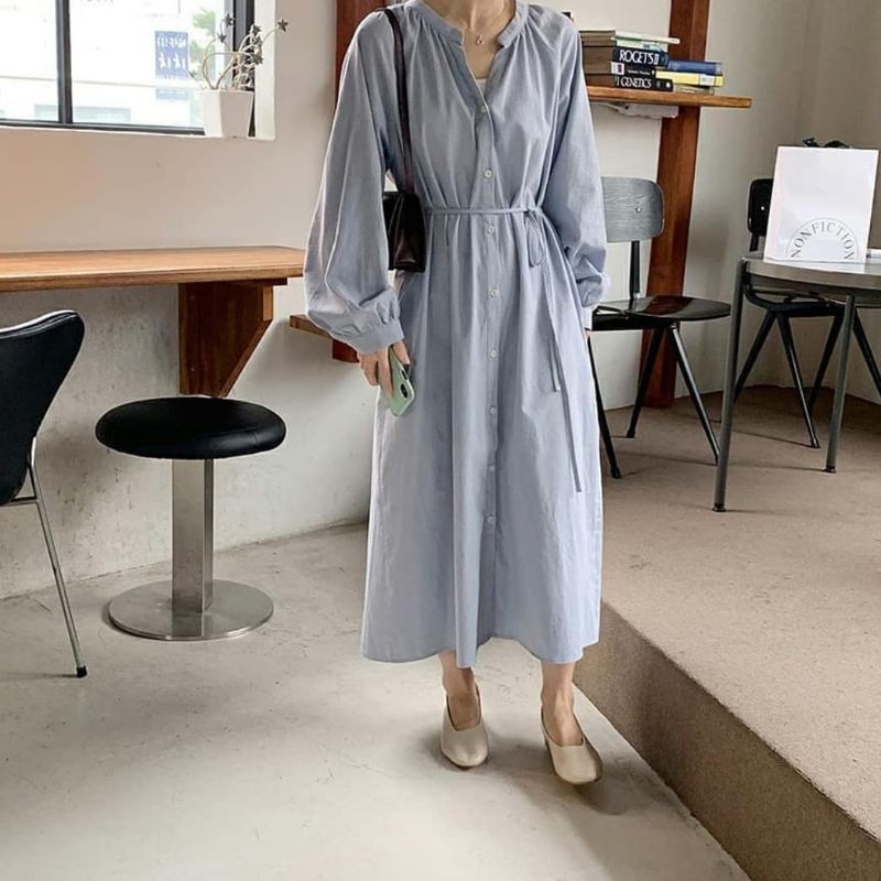 Sydney Dress Pakaian Wanita Korean Style Midi Dress Linen Rami Angel