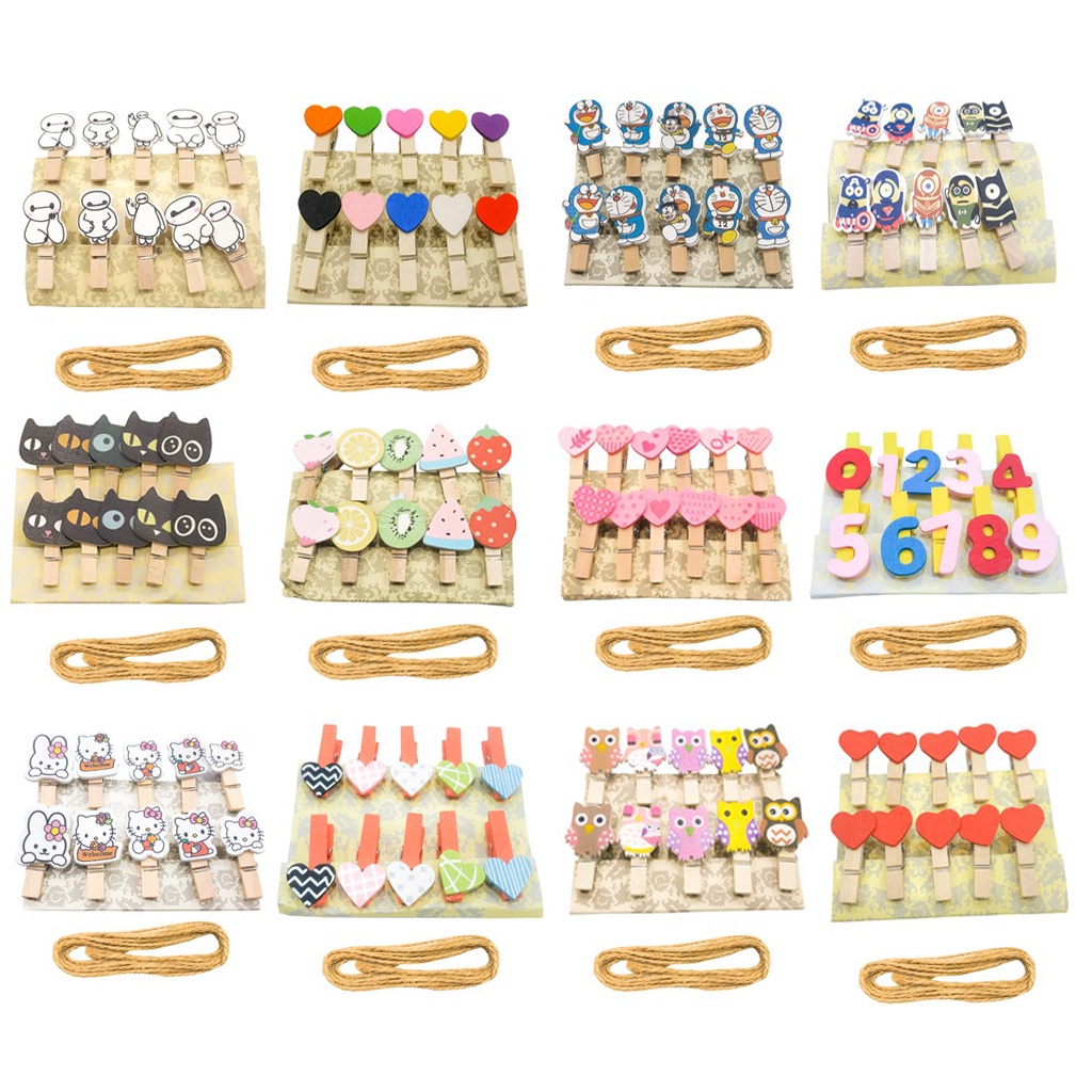 BRGUNIK 10pcs Wooden Clip/Jepit Kayu Karakter /Jepitan Foto Karakter Free TALI rami 1.5m R070