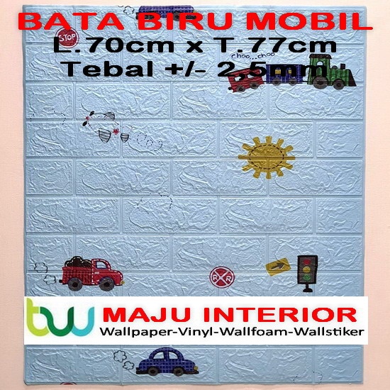 Wallpaper 3D Bata 70x77 cm Walpaper Dinding 3D Brick Foam Motif Anak Doraemon Hello Kitty Stiker-Bata Biru Mobil 3mm