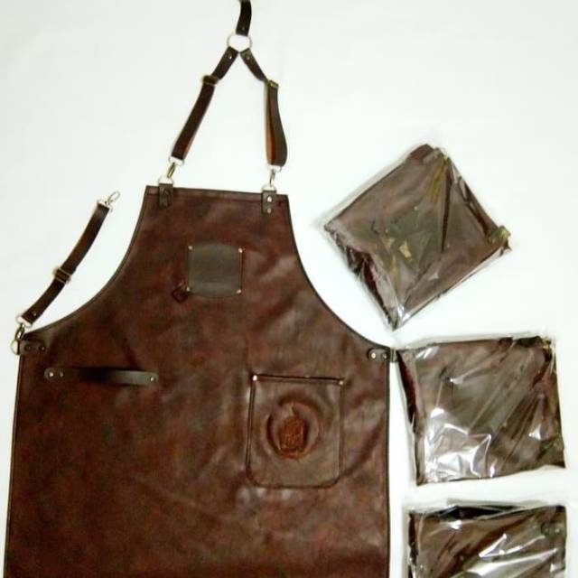 apron barista celemek barbershop celemek barista waiter koki masak full premium synthetic leather include bordir logo