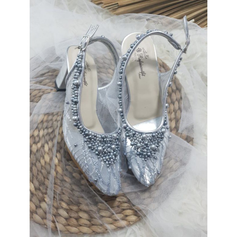 Calista silver brukat cantik sepatu wanita cantik hak tahu