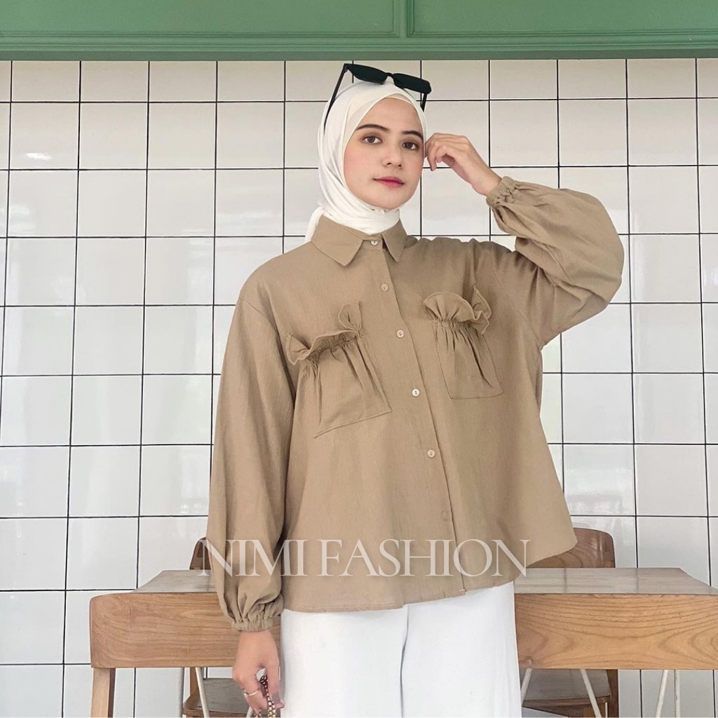 NIMI - Daily Shirt Kemeja Wanita Lengan Panjang Kekinian Crincle Linen Rami