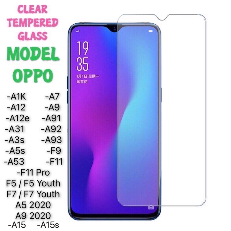 Pelindung Layar Tempered Glass Untuk Oppo A1K / A12 / A12E / A15 / A15S / A31 / A53 / A3S / A5S / A7 / A9 / A91 / F11Pro / F92 / F7 / A93