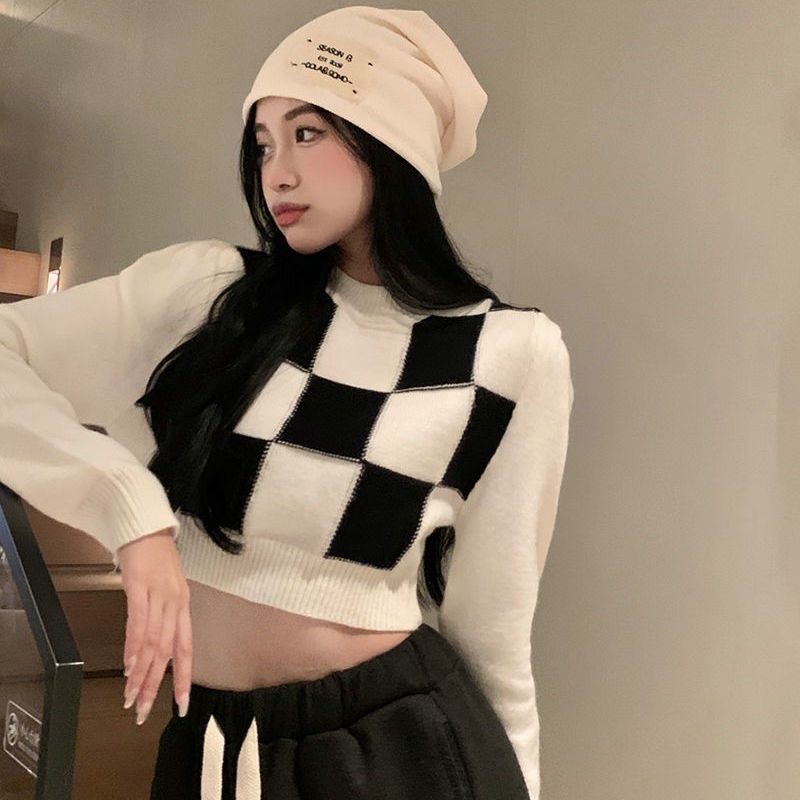 sweater crop knit lengan panjang wanita kotak kotak knitwear