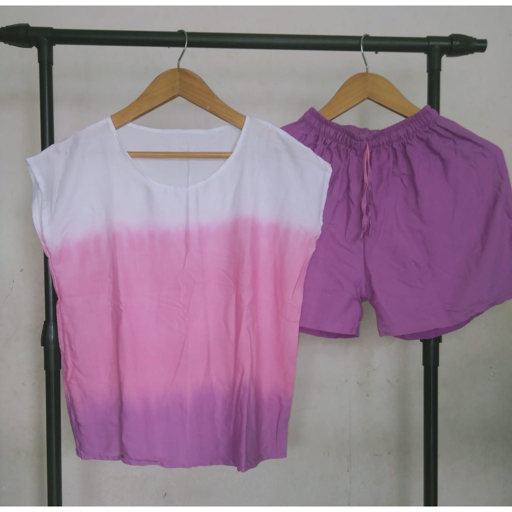 BAJU WANITA/ PAKAIAN PIYAMA  MOTIF SALUR GRADASI WARNA-HOT PINK
