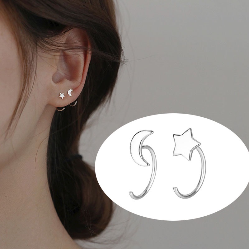 Anting Tusuk Asimetris Bentuk Bulan Dan Bintang Lapis Silver Untuk Wanita