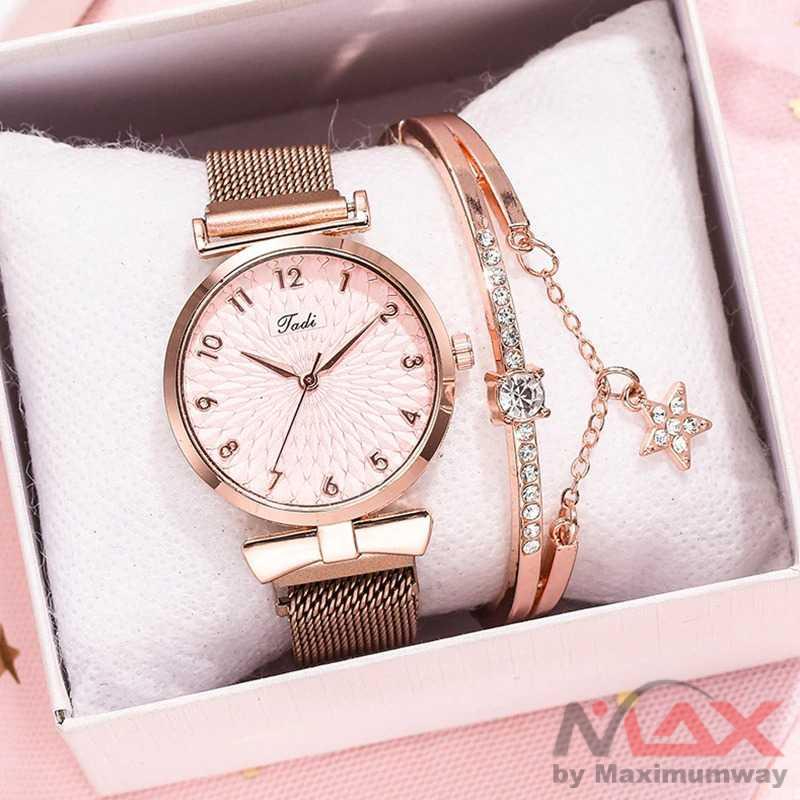 TADI Jam Tangan Wanita Bonus Gelang Premium Rantai Stainless Steel with Bracelet anti karat tahan lama 2022 Luxury Women Bracelet Quartz Watches For Women Magnetic Watch Set Ladies Dress Pink Dial Wrist Watch Clock Fashion Women Watches Luxury Leather