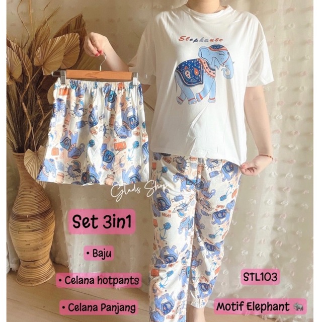 STL103 • Set Piyama Import 3in1 • Stelan Baju Tidur CP Celana Panjang HP Celana pendek Wanita