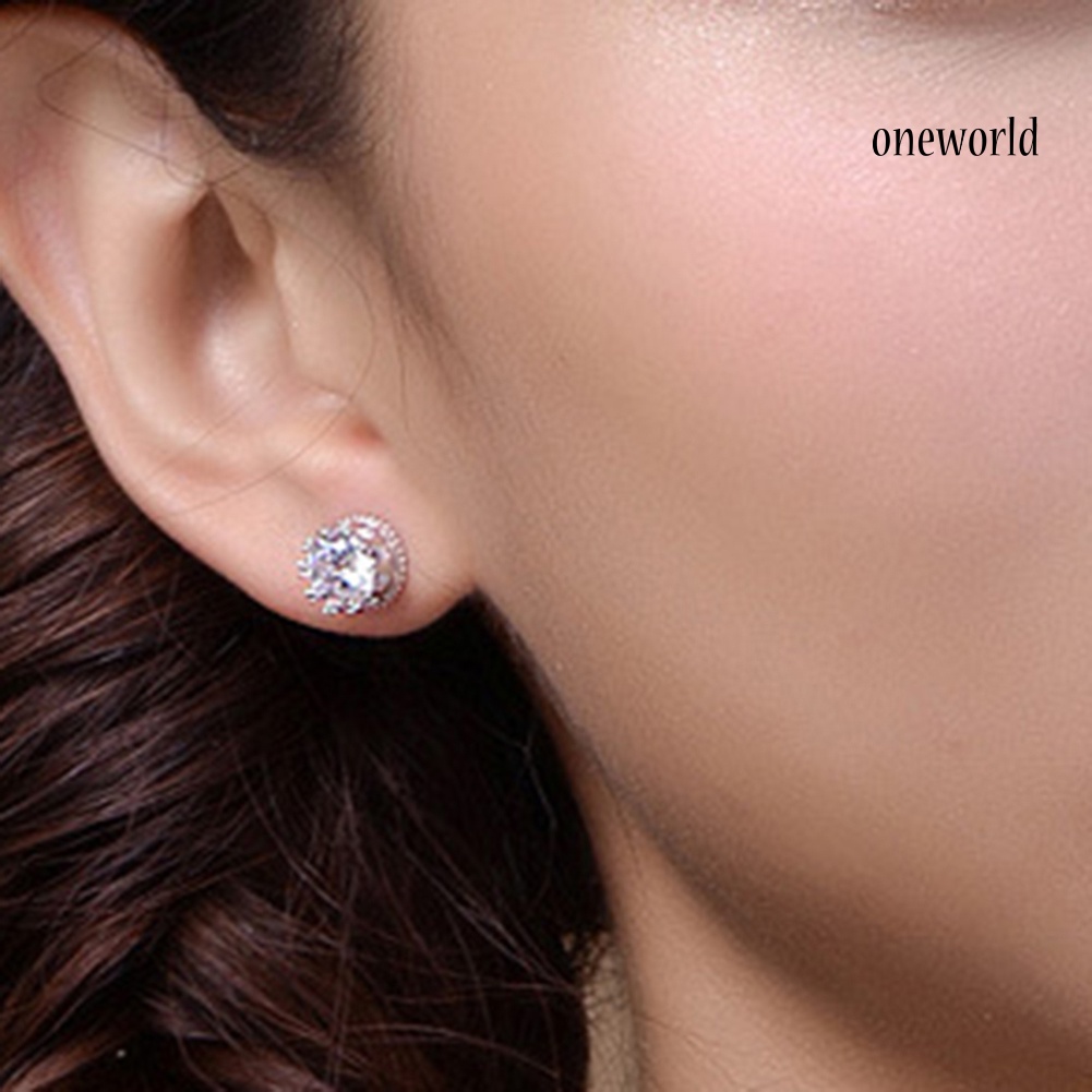 OW@ Fashion Women Silver Plated Cubic Zirconia Ear Studs Earrings Piercing Jewelry