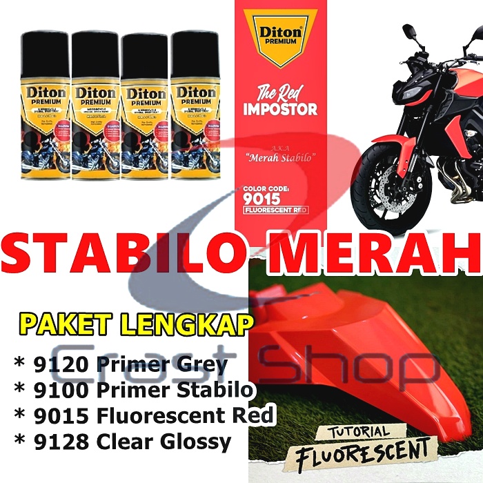 Paket Lengkap Cat Pilox Diton Premium Fluorescent Red 9015 400cc Stabilo Merah Sepeda Motor Mobil Ve