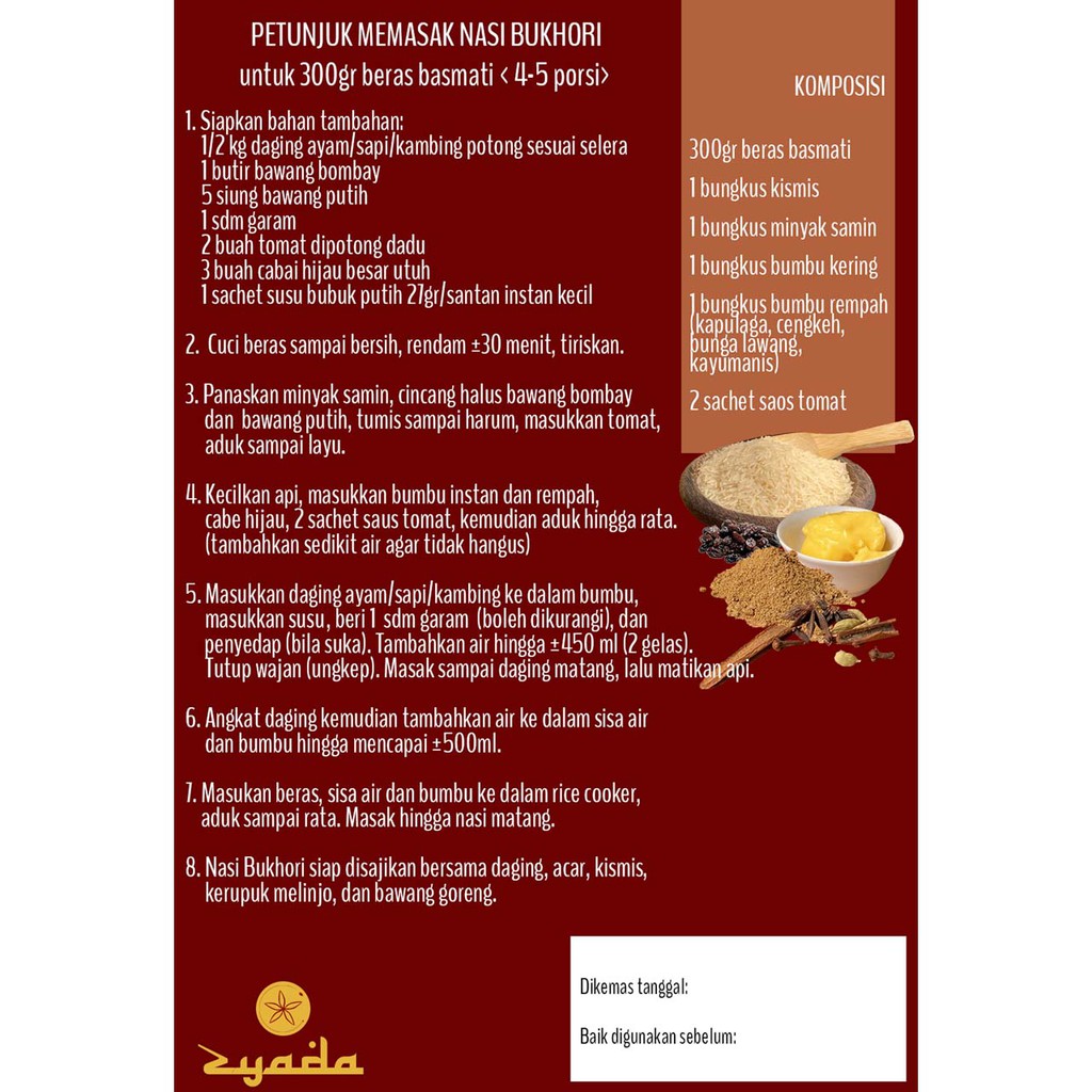 

ZYADA Nasi Bukhari Instan Beras Bumbu Minyak Samin 400gr (4-5 Porsi)