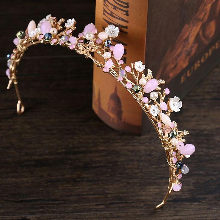 ❁ Mahkota pengantin warna pink Krystal mahkota bunga ㊒