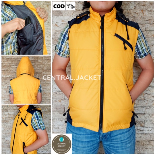 JAKET ROMPI PARASUT PRIA - VEST HOODIE - ROMPI MOTOR WINDPROOF - Kuning, XL