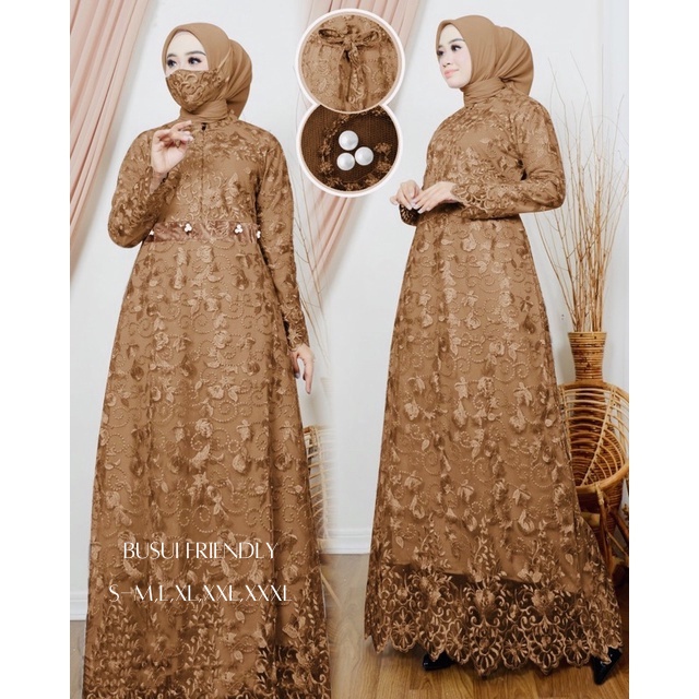 Gamis Haira Termurah (Free Masker Brukat) Gamis Lebaran Full Brukat Tile Mutiara  / Size S-M, L , XL, XXL,XXXL  / Gamis Pesta / Gamis Kondangan / Gamis Brokat Muslimah