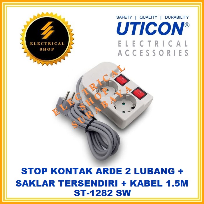 UTICON STOP KONTAK ARDE CP 2 LUBANG ST-1282SW + SAKLAR KABEL 1.5M (GROSIR) ST 1282 SW 1,5M 2P LOBANG