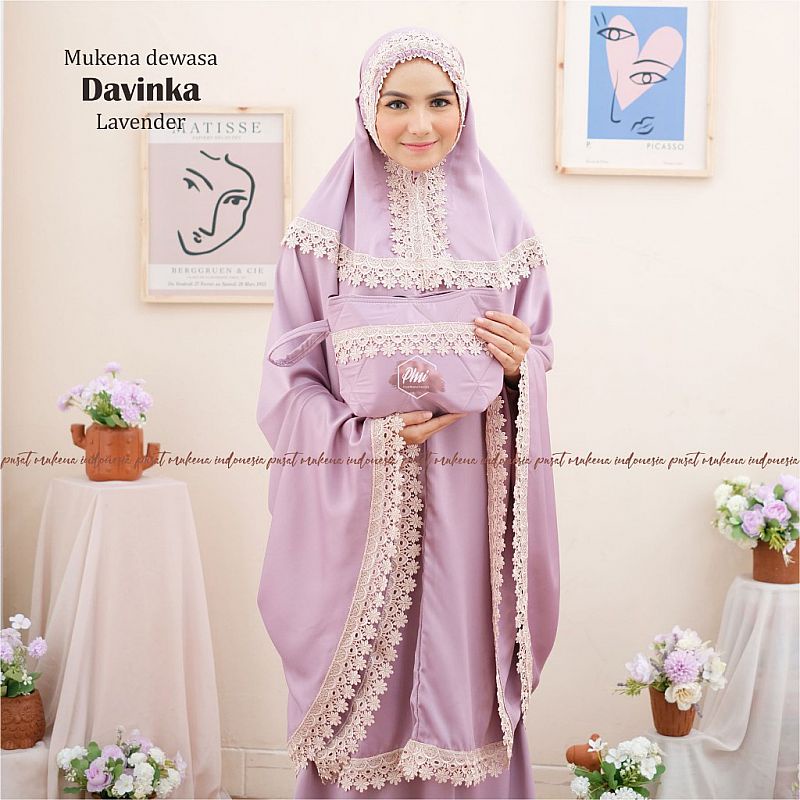 Mukena Polos Renda Velvet Silk Dewasa Travel Traveling dengan Pouch Tas Cantik Elegan Davinka Lavend