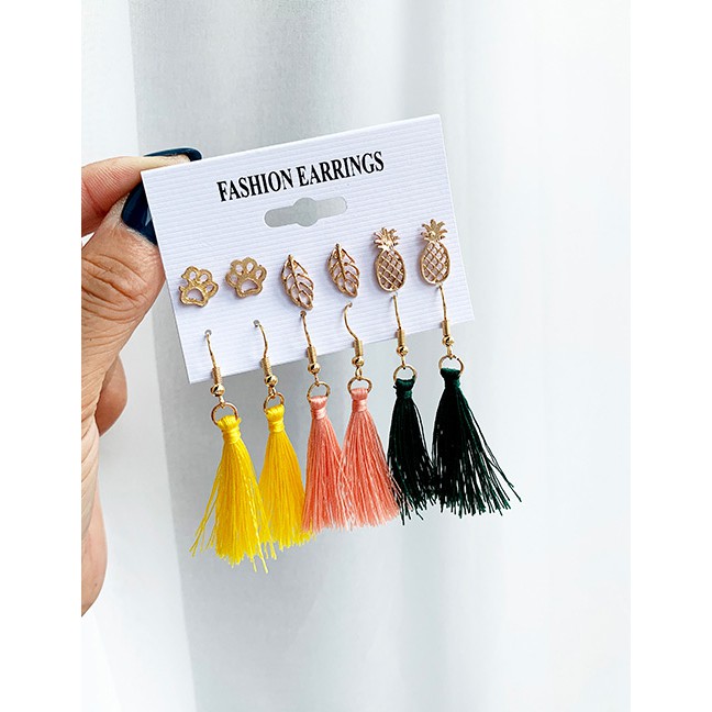 LRC Anting Set Fashion Gold Alloy Leaf Pineapple Cotton Line Tassel Earrings Stud Earrings Set F9179