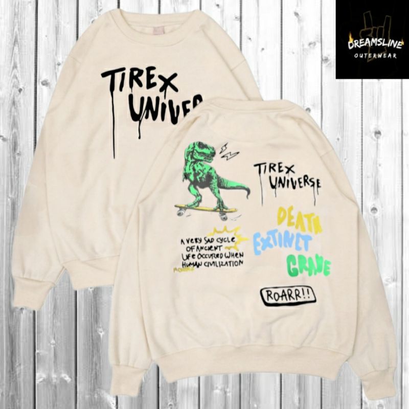 Crewneck Sweater Cream Motif Tirex Universe Authentic Dreamsline Outerwear Wanita Simple Jumper no Z