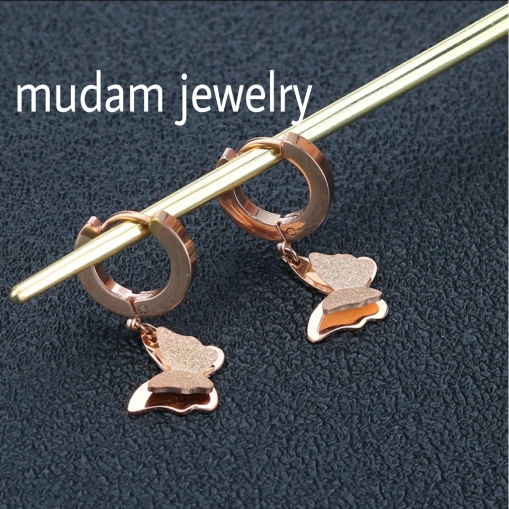 Anting Titanium Kupu-Kupu Juntai Untuk Wanita Fashion Warna Rose Gold, Gold dan Silver