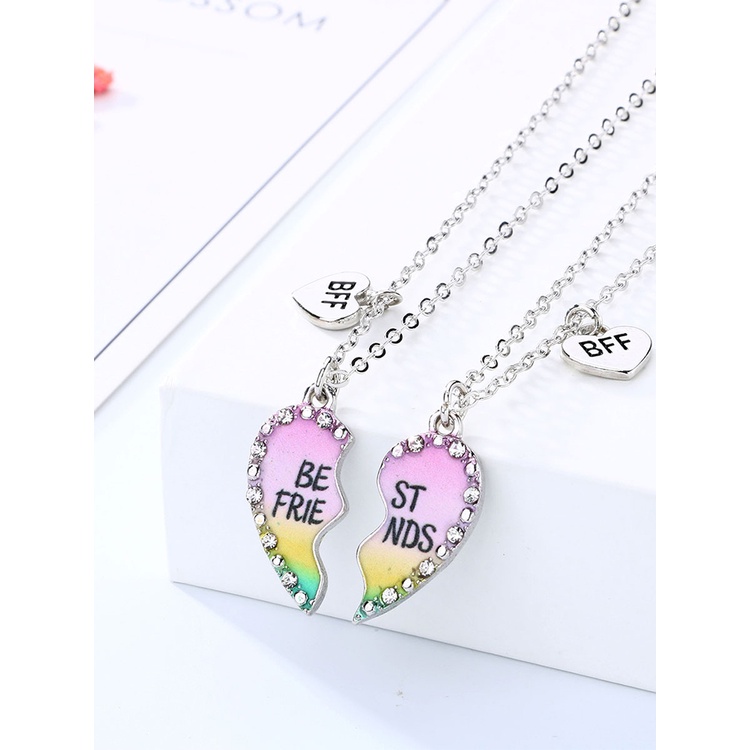 2pcs / Set Kalung Rantai Liontin Hati Motif Tulisan Best Friends Aksen Berlian Imitasi Untuk Wanita