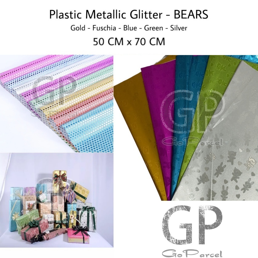 ( 3 Lembar ) PLASTIC METALLIC GLITTER BEARS - PLASTIK KADO METALIK GLITER PASIR GOLD SILVER SHINY MENGKILAP BONEKA