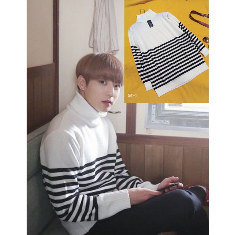 baju rajut kerah tinggi sweater turtleneck pria garis garis switer turtle neck