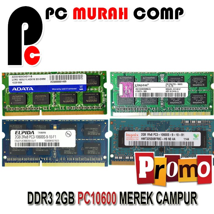 RAM Memory Laptop 2GB DDR3 PC3 10600 MERK CAMPUR