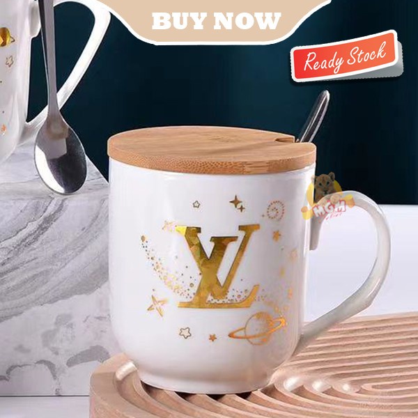 Gelas Branded Keramik Mug designer GOLD dengan Tutup dan Sendok