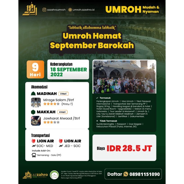 Paket Hemat Umroh 9 Hari : Keberangkatan 18 September 2022