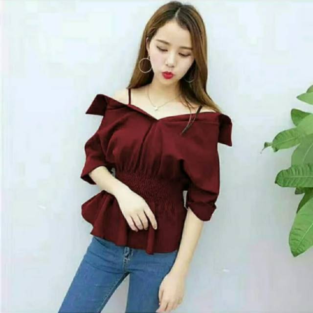 TOP REBECCA | Baju atasan blouse wanita pundak terbuka ada tali polos gereja natal casual korea