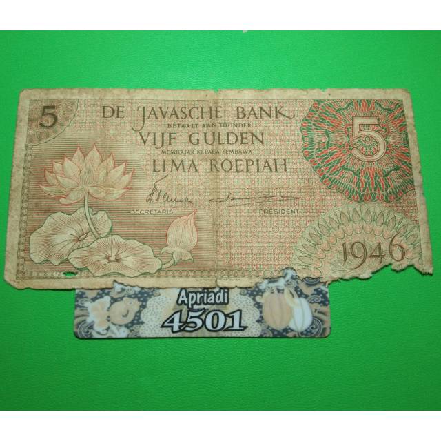 UK199 UANG KUNO ASLI 5 RUPIAH SERI FEDERAL TAHUN 1946 KOLEKSI UANG KERTAS LAMA INDONESIA BELANDA #F