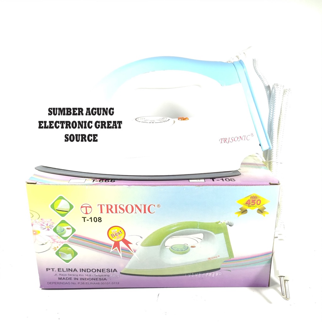 Trisonic T108 Seterika Baju Setrika Listrik Lebar 450W Dengan Lampu Indikator