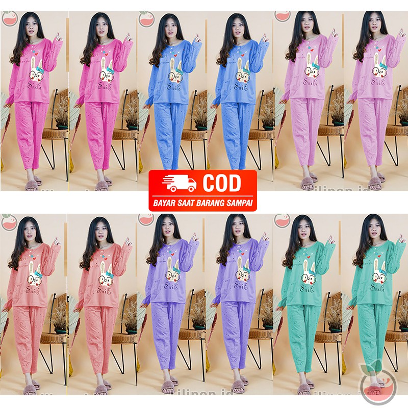 Baju Tidur Wanita PP Lengan Panjang Celana Panjang Baby Doll Bahan Kaos Allsize Murah