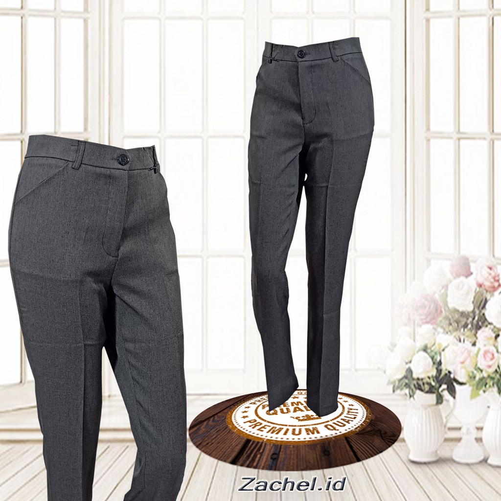 Celana Bahan Kerja Panjang Hitam Wanita Model High Waist ( Model Perut ) Bodi Slim fit Kaki Standar