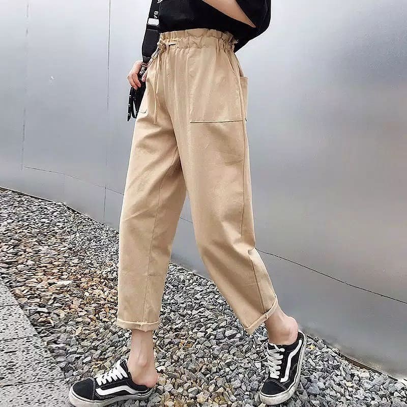 Celana Wanita Murah - Khansa Long Pants Linen Rami Karet Pinggang - Bawahan Wanita Muslim <-1