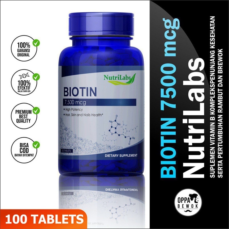 ( ORIGINAL 100 % HALAL ) BIOTIN 7.500 Mcg isi 100 segel ( melebatkan rambut memperbaiki rambut )