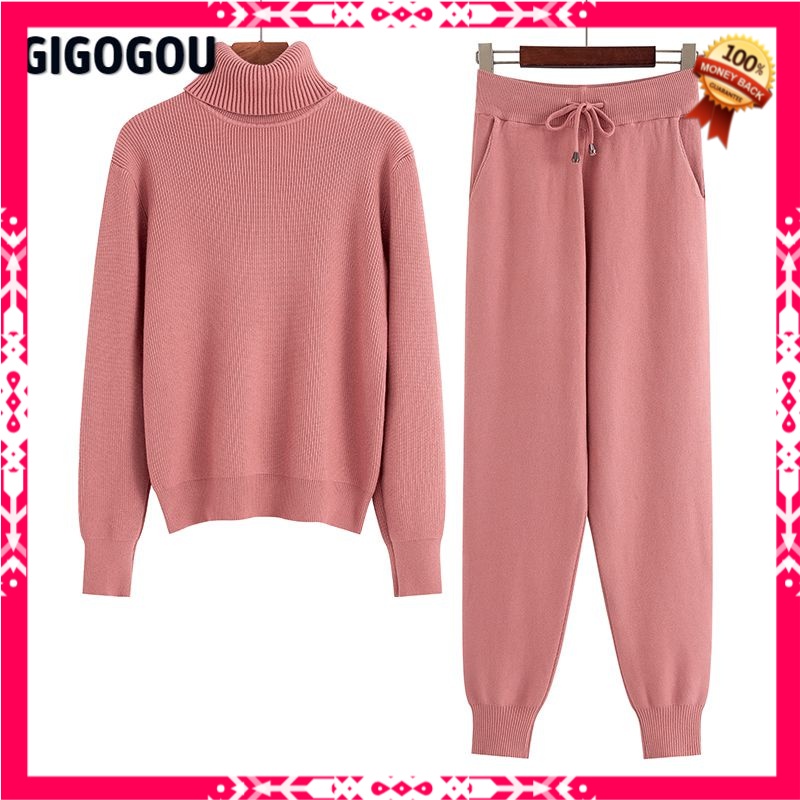 Sweater Setelan Wanita Two Piece Set Women Knit Sport Suits Thick Warm Turtleneck Women Sweater + Dr