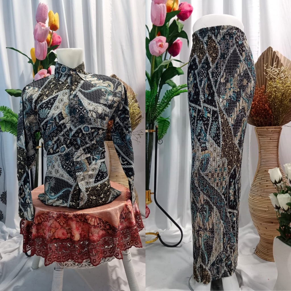 HN MODE - Couple kemeja batik panjang mix rok plisket motif floral terbaru