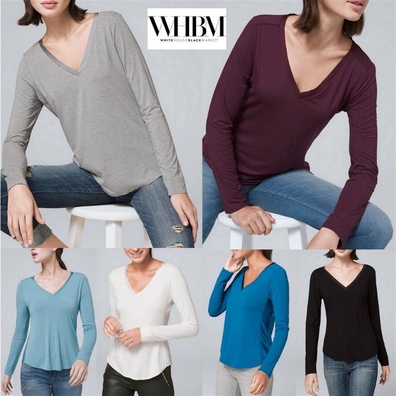 Atasan Baju Blouse Kaos Wanita Lengan Panjang V Neck Leher Branded WBHM Original Sisa Ekspor