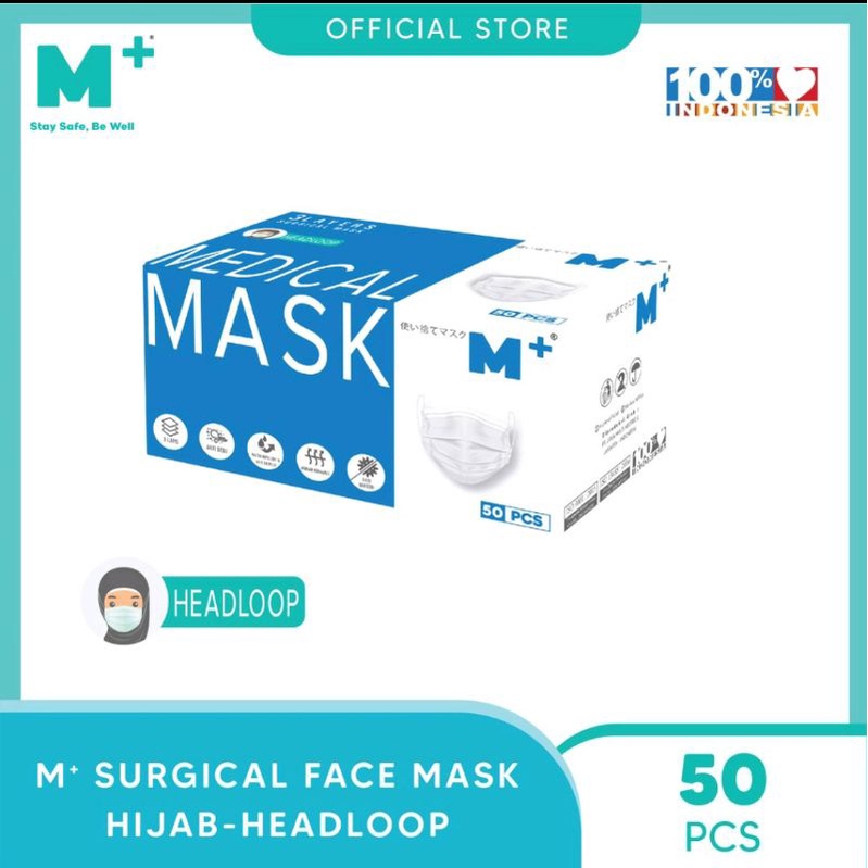 Masker Medis Hijab/Headloop Putih M+ 3 Ply - Masker Medis Isi 50 Pcs