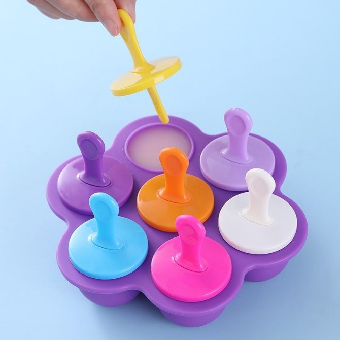 cetakan es cream silikon bulat isi 7 cups / Baby Popsicle Molds Fruit Ice Pop Maker DIY Ice Cream Maker Cetakan Es Krim Stik Lolipop / Cetakan Es Loli / Buah / Makanan Bahan Silikon Dengan 7 Lubang