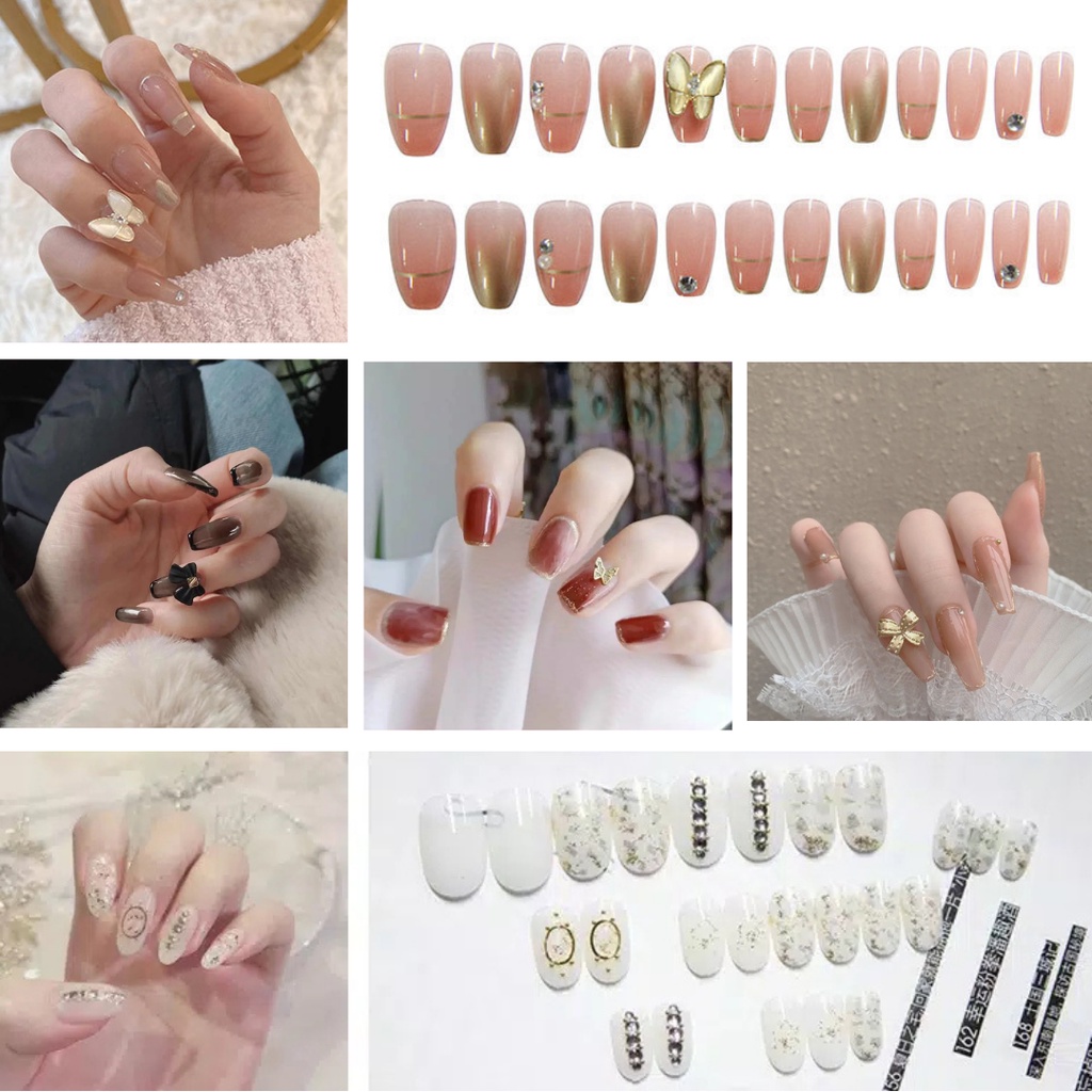 24 PCS French False Nail High End | Wedding Nails | Kuku Palsu Bermotif | Waterproof | Nail Art