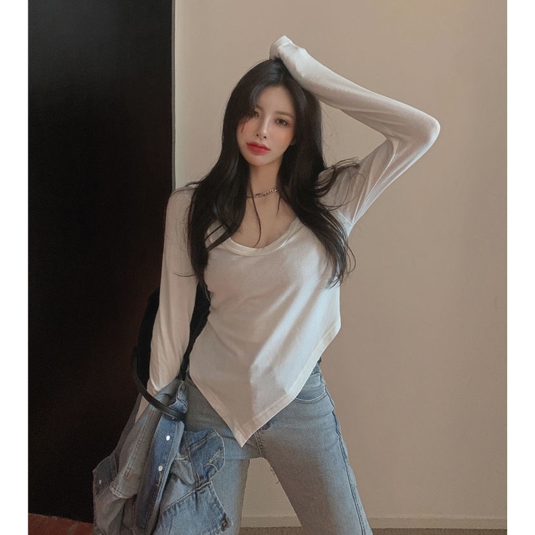 Korean Basic Crop Top U-Neck Atasan Wanita Lengan Panjang 2209 (S-XL)