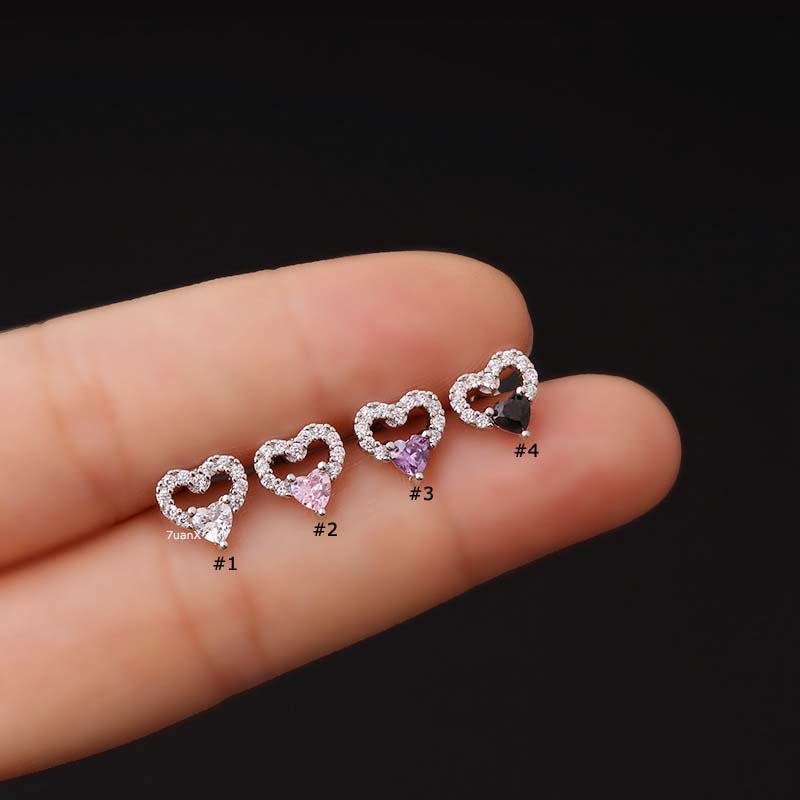 1pc Anting Tindik Tulang Rawan Telinga Bentuk Hati Ganda Bahan Stainless Steel Dengan Zircon 20Gauge