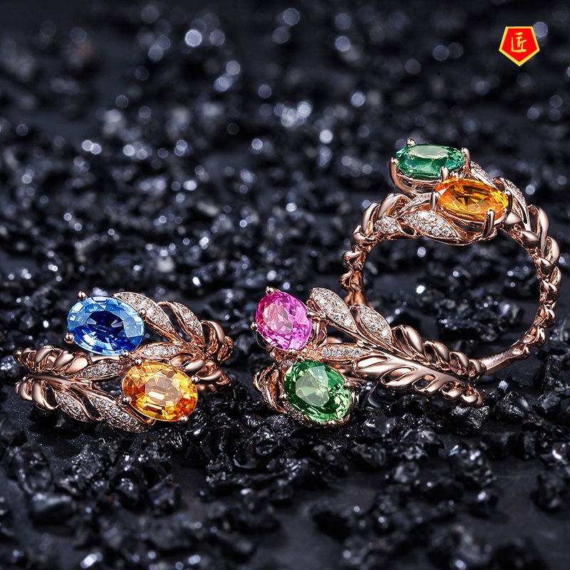 [Ready Stock]Fashion Elegant Rose Gold Grass Shaped Colored Gems Ring