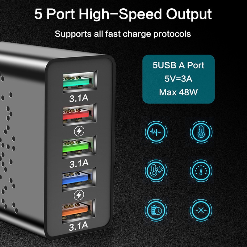 Adapter Charger Dinding 5 Port USB 60w Plug US / EU Untuk iPhone / Android